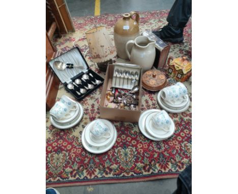 Selection of collectable to include silver napkin rings plated wares, flagon, studio Table lamp retro tea ware and Old Dictio