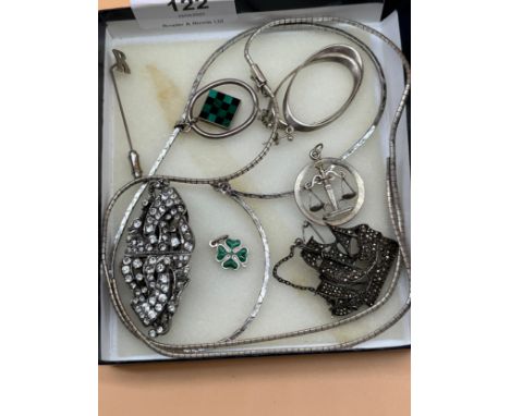 Silver jewellery to include Galleon brooch encrusted with marcasite stones, Libra balance scale pendant, Deco sterling silver