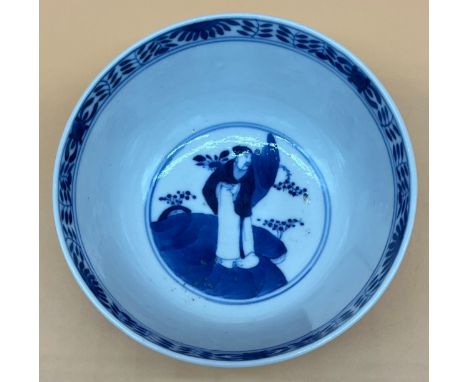 19th century Chinese Kangxi Nian Zhi marked small bowl. Decorated figure and landscape panels. 