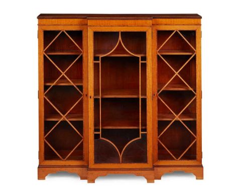 VICTORIAN SHERATON STYLE SATINWOOD AND KINGWOOD LOW BREAKFRONT DISPLAY CABINETLATE 19TH CENTURYthe crossbanded top above glaz