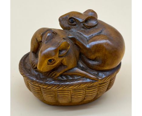 Japanese hand carved netsuke sculpture of two Mice within a basket, Signed. [4.2cm in length] 