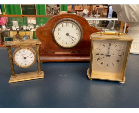Edwardian 8 day mantle clock , brass swiza 7 jewel clock together with 1 other . 
