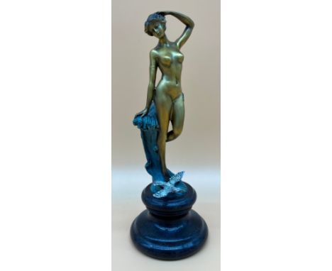 Cold Painted Bronze Art Deco nude lady sculpture standing against a wave with a gull at her foot, Signed Preiss. [25cm High] 