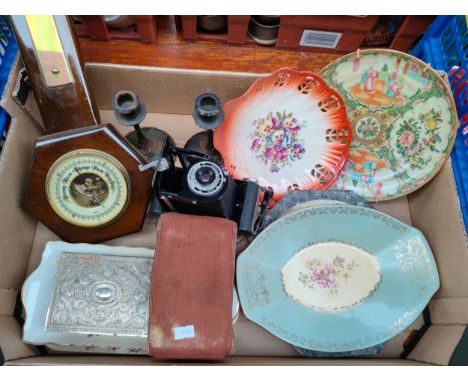 Box of collectables includes brownie Kodak camera, vintage barometer, Arts and crafts candle sticks, Famile Rose Chinese plat