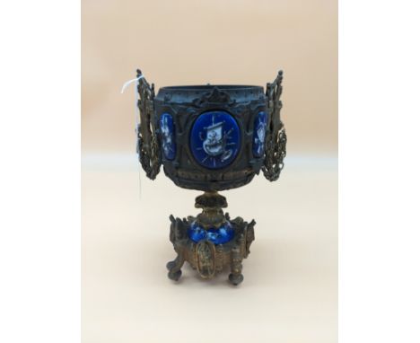 A late 19th/early 20th century French gilt metal and porcelain plaque mounted chalice/vase [21cm] 