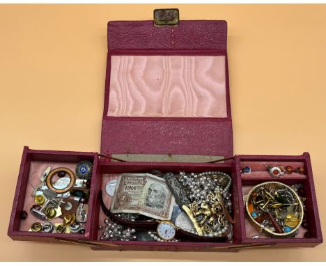 Vintage Jewel box containing a quantity of jewellery and coins. Includes silver and amber earrings, White metal inlaid fruit 