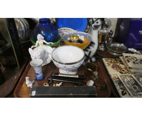 A Tray of Sundries to Include Silver Topped Ceramic Bowl, Royal Doulton Sweet Seventeen Figure, Sylvac Cat, Two Print Balance