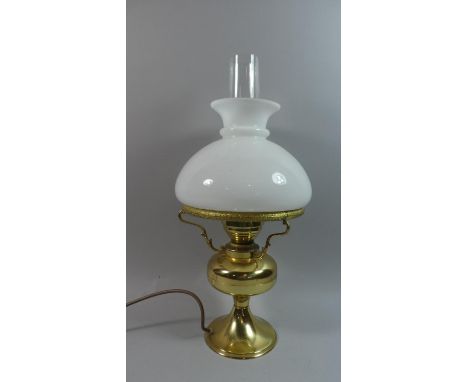 A Mid/Late 20th Century Brass Table Lamp in the Form of an Oil Lamp with Opaque Glass Shade and Plain Glass Chimney 