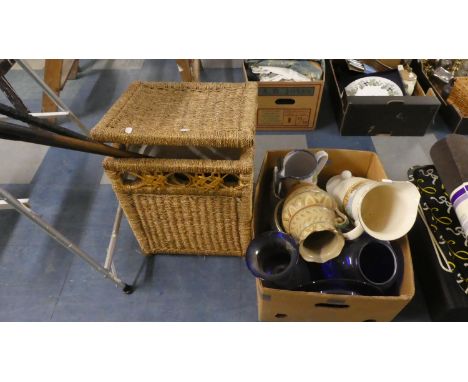 A Box Containing Ceramics and Glassware, Wicker Basket, Three Vintage Golf Clubs 