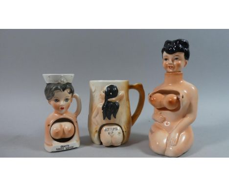 Three 1950's Ceramic Risque Ornaments to include Chaste Makes Waste, Bottoms up and Swinging Barmaid 