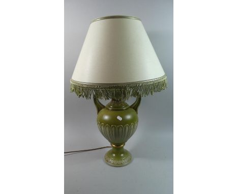 A Large Ceramic Table Lamp in the Form of Two Handled Urn, Complete with Shade, Total Height 71cm 