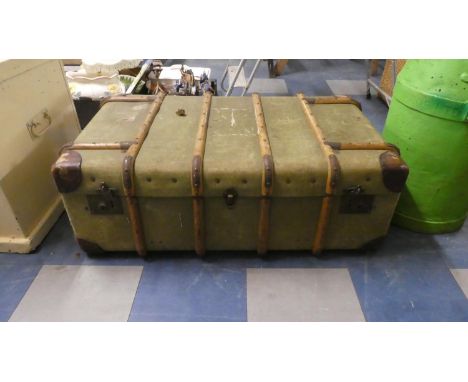 A Vintage Canvas and Wooden Covered Leather Mounted Travelling Trunk, 94cm Wide 