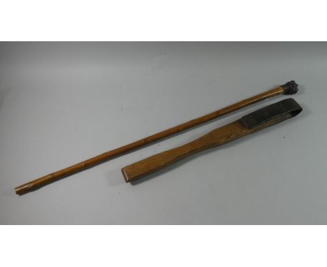 A Vintage Walking Cane with Cast Moulded Dogs Head Handle Together with a Pair of Vintage Wooden Washing Tongs with Leather S