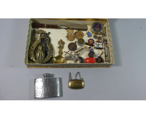 A Box of Curios to Include Small Pewter Hip Flask, Vintage Button Hooks, Shoe Horn, Coronation Medals, Enamelled Badges, Whis