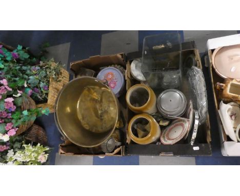 Two Boxes Containing Brass Jam Kettle, Vintage Tins, Stoneware Bottles, Cruet Bottles, Glassware etc 