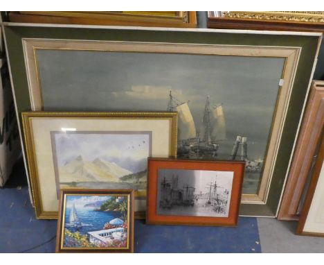 A Large Framed Print Depicting Fishing Barges, Water Colour of Geese, 'Going Home', Mediterranean Scene and Etched Stainless 