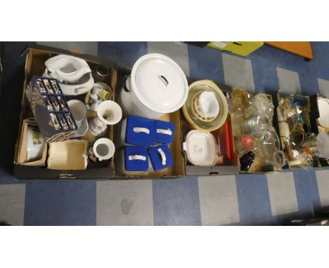 Four Boxes of Kitchen Wares to Include Enamelled Storage Jars and Bread Bin, Ceramic and Glass Mixing Bowls, Pyrex Jugs, Crue