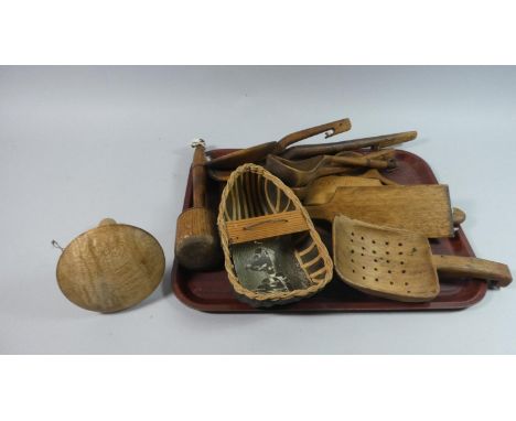 A Collection of Vintage Wooden Implements to Include Spoons, Butter Pats, Pestle, Draining Spoon, Together with a Model of a 
