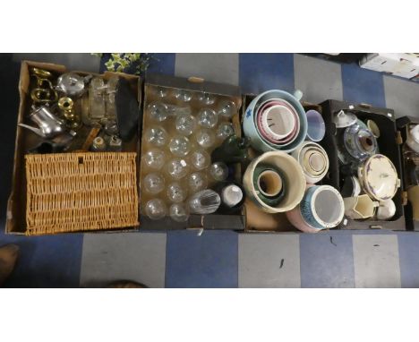 Four Boxes of China, Glassware, Brasswares, Silver Plated Cruets, Wicker Basket, Green Glass Bird Decanter 