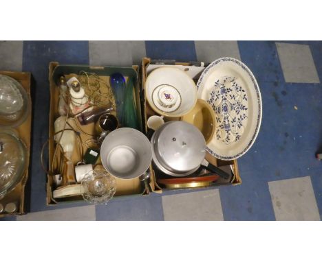 Two Boxes Containing Ceramics and Glassware, Wall Clock, Pressure Cooker, Ice Bucket, Table Lamps etc 