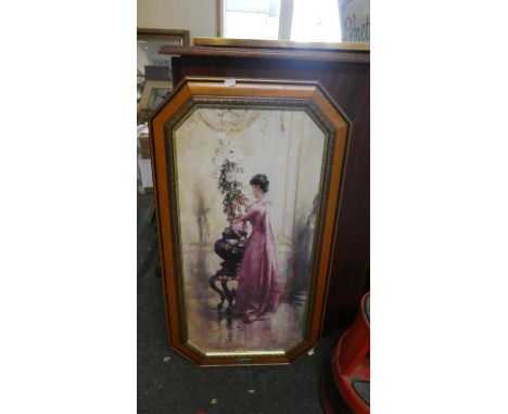 A Framed Modern Print, Woman with Crysthanamums, Frame 86cm High 