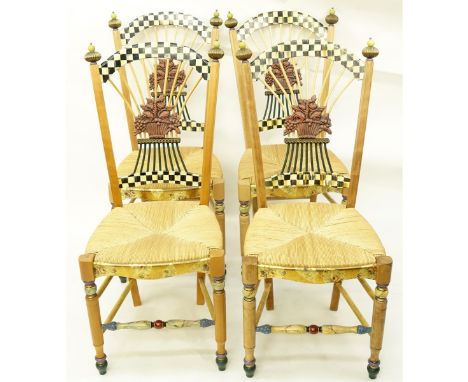 Four (4) Mackenzie-Childs Flower Basket Side Chairs. Maple frame with woven rush seats. Hand-Painted. Stamped signature. Each