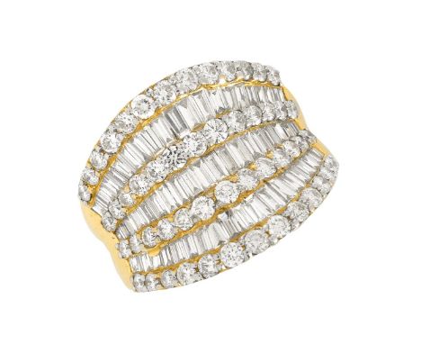 Vintage Approx. 3.75 Carat TW Baguette and Round Brilliant Cut Diamond and 18 Karat Yellow Gold Ring. Ring size 8. Approx. we