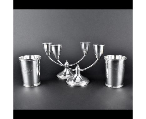 Vintage Sterling Silver Tableware Lot. Includes: pair of Duchin Creation 2 light weighted candle holders 5-3/8" H x 7-1/4" L,