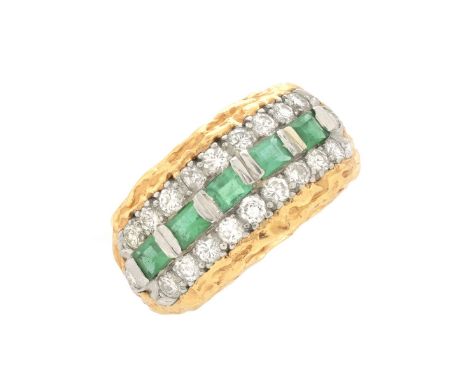 Vintage Emerald, Diamond and 14 Karat Yellow Gold Ring. Stamped 14K. Ring size 7. Approx. weight: 10.0 grams. Condition: Very