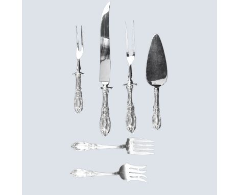 Six (6) Towle King Richard Sterling Silver Serving Pieces. Includes: 2 pc carving set, small carving fork, cake server, 2 mea