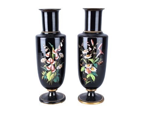 Pair Vintage Black Opaline Enameled Vases. Unsigned. Measures 13" H. Condition: Light wear or in good condition. Estimate: $1