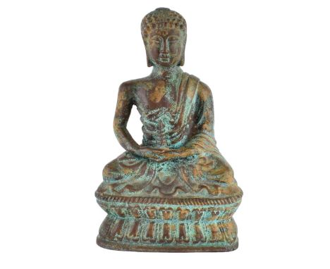 19th Century Chinese Bronze Seated Buddha Sculpture. Unmarked. Depicted holding a pagoda. Measures 11" H x 7" W. Condition: G
