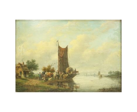Francois Etienne Musin, Belgian (1820-1888) oil on board "Village Port". Signed lower left. Measures 10-1/4" x 16", frame mea