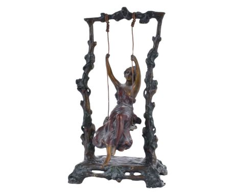After: Auguste Moreau, French (1834-1917) Bronze "Girl On Swing". Signed Moreau. Measures 10-1/2" x 5-3/4". Condition: Good c