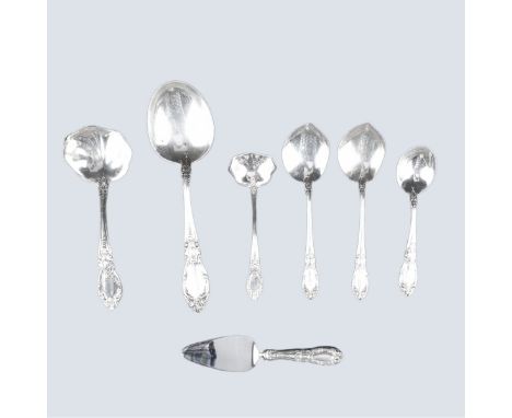 Seven (7) Towle King Richard Sterling Silver Serving Pieces. Includes: large spoon, gravy ladle, sauce ladle, soft cheese spr