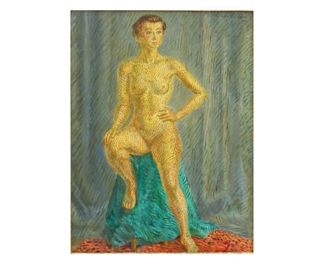 John French Sloan, American (1871-1951) Oil on masonite "Nude, Green Drape, High Stool" . Signed and dated '44 upper right, i