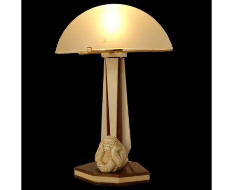 Art Deco Style Wood and Ivory Table Lamp With Seated Monkey Figure. Frosted glass dome shade. Unsigned. Measures 14" H , the 