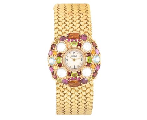 Vintage Lady's Lucien Piccard 14 Karat Yellow Gold Mesh Link Bracelet Watch accented with Multi Gemstones and Mabe Pearls, Ma