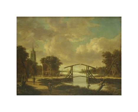 Jan Meerhout, Dutch (1630-1677) Oil on Panel "Dutch River Landscape". Signed lower right. Measures 10-1/2" x 13-1/4", frame m