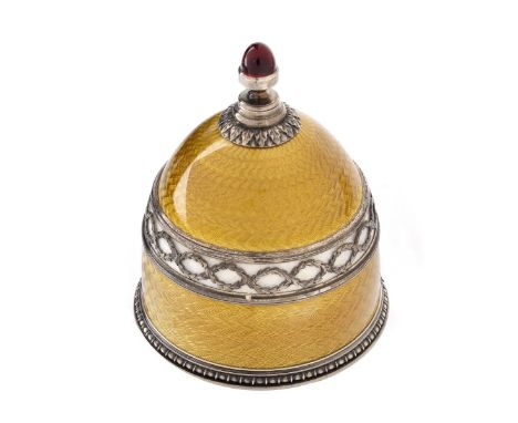Russian Faberge 88 Silver and Guilloche Enamel Large Perfume Bottle with Cabochon Garnet Finial. Stamped Faberge (cyrillic), 