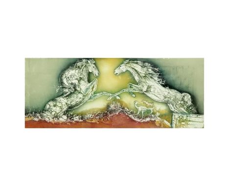 Carmelo de LaPinta (20th C) Color Lithograph "Horses". Signed and numbered 79/90 in pencil. Measures 11-1/2" x 23" (sight), f