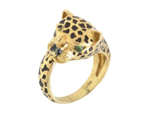 Vintage Cartier style 18 Karat Yellow Gold and Enamel Panther Ring. Bears signature, numbered 37639, stamped 18K. Ring size 5