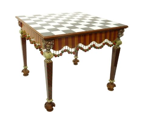 Mackenzie-Childs Square Table. Features Courtly Check top, striped aprons with pom-poms and stone set corners, plaid legs and