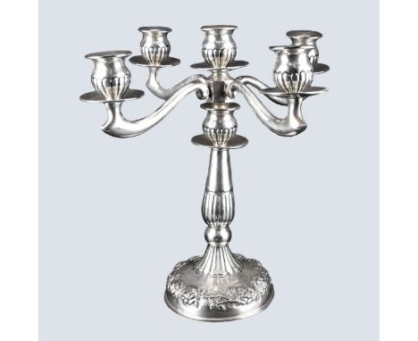 Antique Sterling Silver 5 Light Candelabra. Weighted. Stamped 925. Measures 14" H x 13-1/2" W. Weighs approx. 49.50 troy ounc