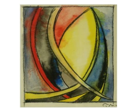 20th Century Watercolor &amp; Oil Stick on Paper "Abstract Arcs". Bears initials lower right. Measures 10" x 9" (sight), fram