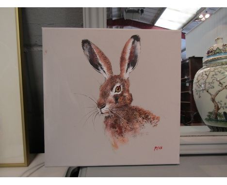 RYAN: Acrylic on canvas depicting a portrait of a hare and similar on board, both signed lower right, 30cm x 30cm and 43cm x 