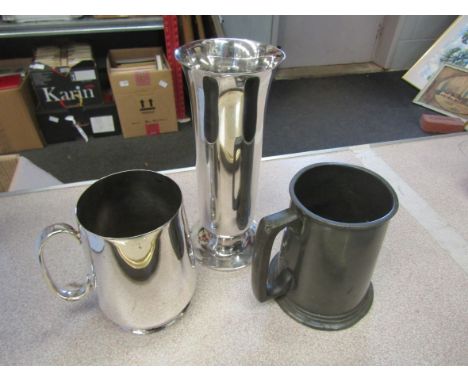 A pewter pint mug, silver plated mug and a vase marked 835 to base, 20cm tall (3)