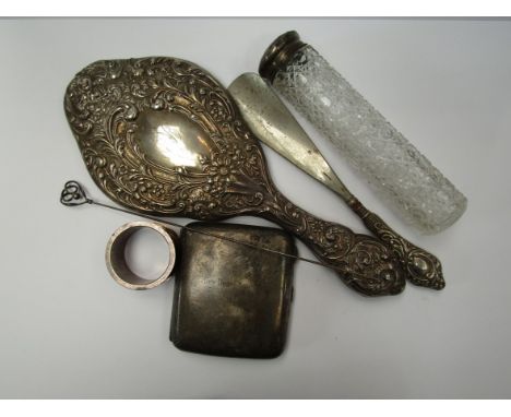 A silver cigarette case, napkin ring, dressing mirror etc 