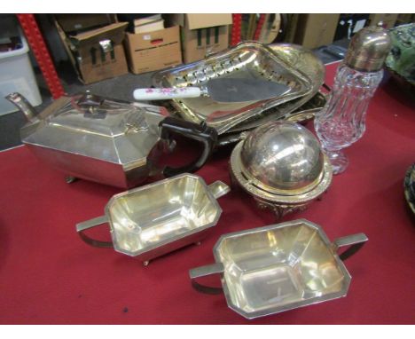 A selection of silver plated wares including three piece tea set, tureens, etc