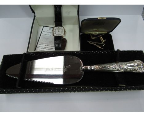 A Rotary quartz lady's wristwatch, cufflinks and a silver handled cake knife